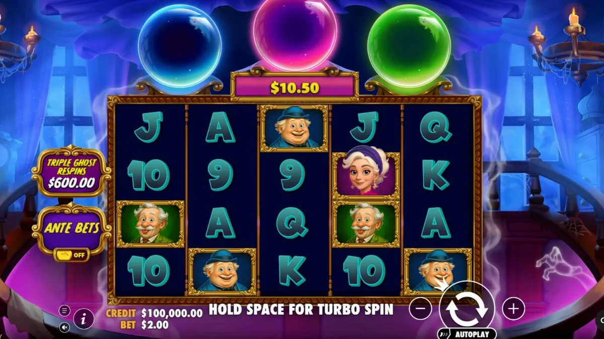 Great Ghosts! slot game interface featuring haunted mansion theme